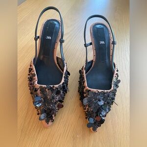 Zara Sequined Slingback Kitten Heels, Size 37